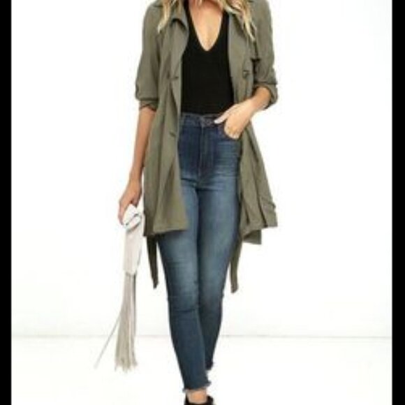 Duster Trench Coat Utility Olive Green Waterfall Front Flowy Size XS Small - Picture 3 of 16